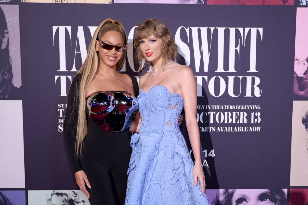 Beyonce and Taylor Swift pose together at the premiere of Swift&#039;s &quot;Eras Tour&quot; concert movie. 