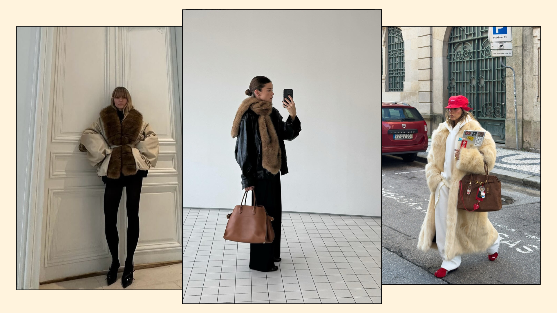 Three fashion people wear the faux fur trend 2025.