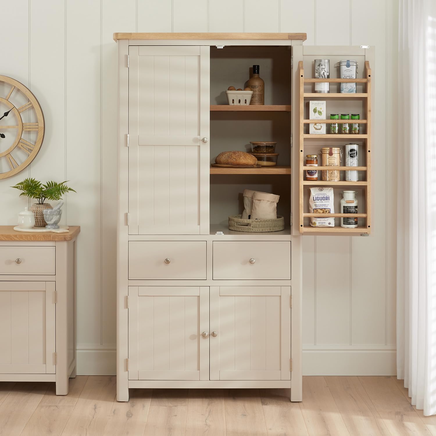 The Furniture Market Marbury Putty Grey Painted | Large Double Kitchen Larder Cupboard | Freestanding Pantry Storage | Solid Wood | Fully Assembled | H 1900 X W 1000 X D 550mm