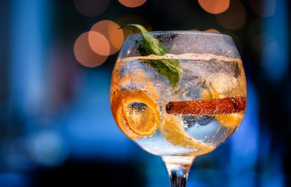 Beautiful glass of gin on bar counter with blurred background