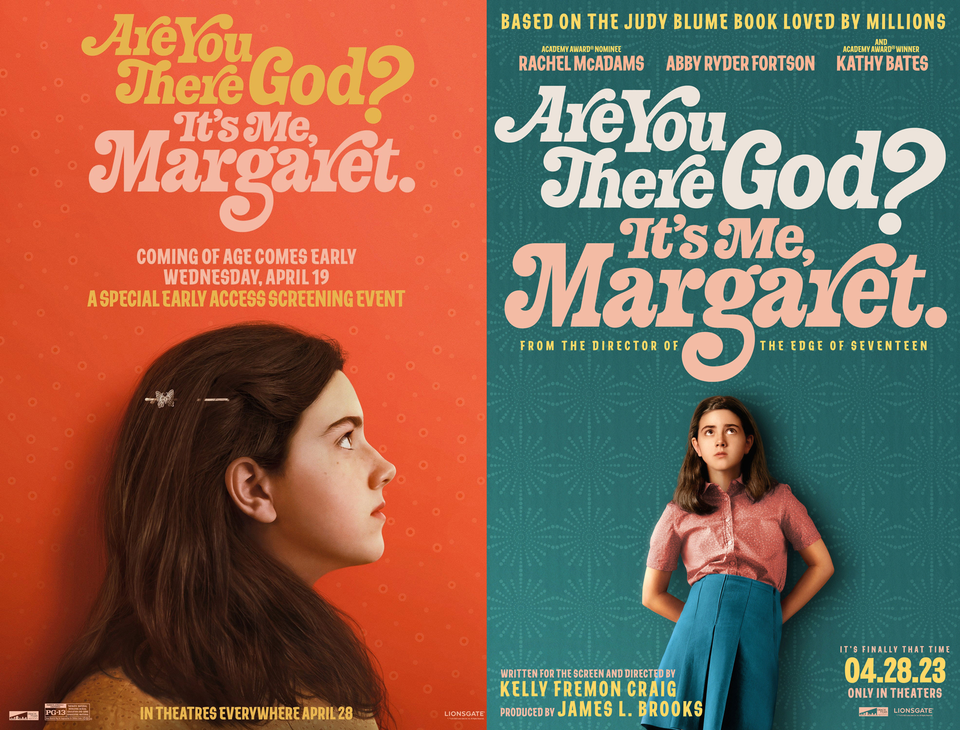 Are You There God? It's Me Margaret posters with type in a 70s style and an image of a dark haired young girl underneath the lettering