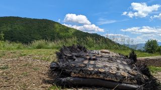 a large black piece of fiberglass covered in metal bolts and plates lies on the ground beside a trail leading into a forest. mountains can be seen rolling in the distance
