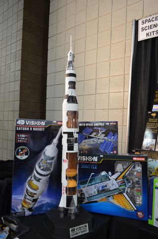 A new 4D Vision kit on display at Toy Fair 2013 lets you build your own International Space Station, complete with a docked space shuttle.