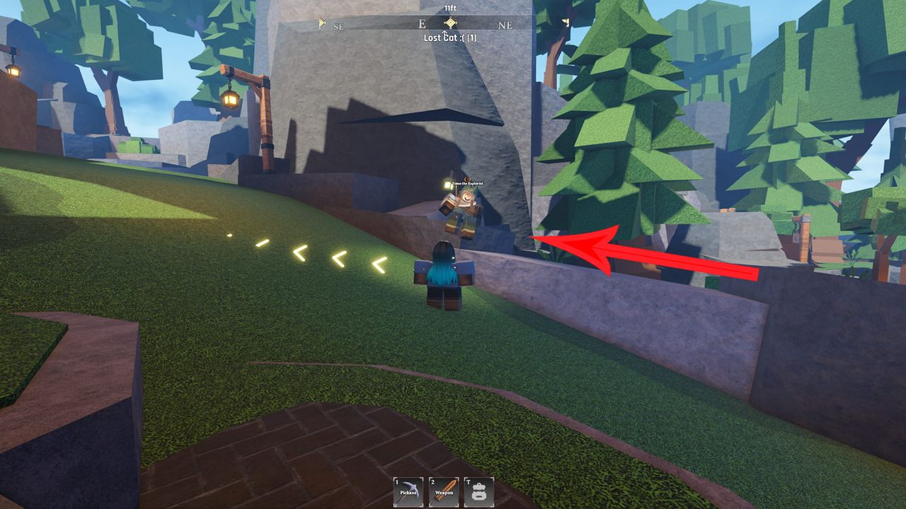 The Forge NPC Tomo sitting on a rocky wall at the top of a hill with a red arrow pointing at him.