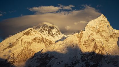 The summit of Mount Everest as seen from Gorakshep, Nepal.