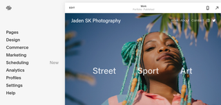 Squarespace interface featuring image of young woman