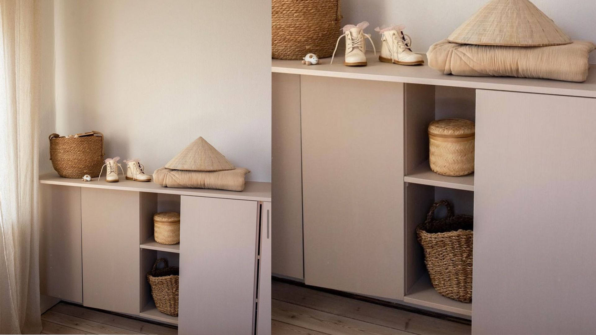 minimalist neutral storage in child's bedroom