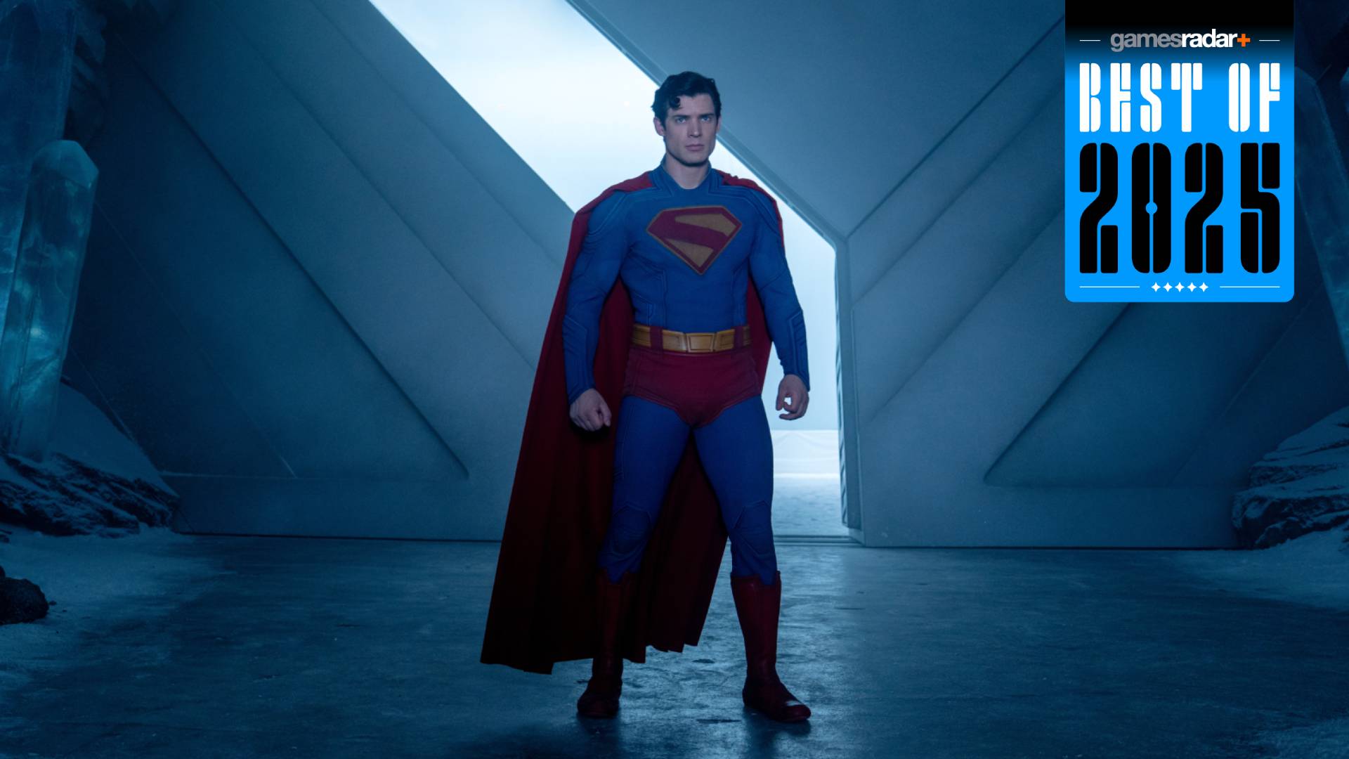 David Corenswet in costume Superman, with a blue GamesRadar+ Best of 2025 logo in the top right