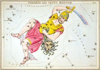 The constellation Perseus is traditionally depicted with the hero carrying the severed head of Medusa, as shown here in a plate from "Urania's Mirror," a boxed set of 32 constellation cards first published by Samuel Leigh of the Strand, London, in November 1824. Algol is the large star symbol at the top of Medusa's head. In ancient times, the star's obvious variations in brightness complemented the idea of the creature's supernatural nature.