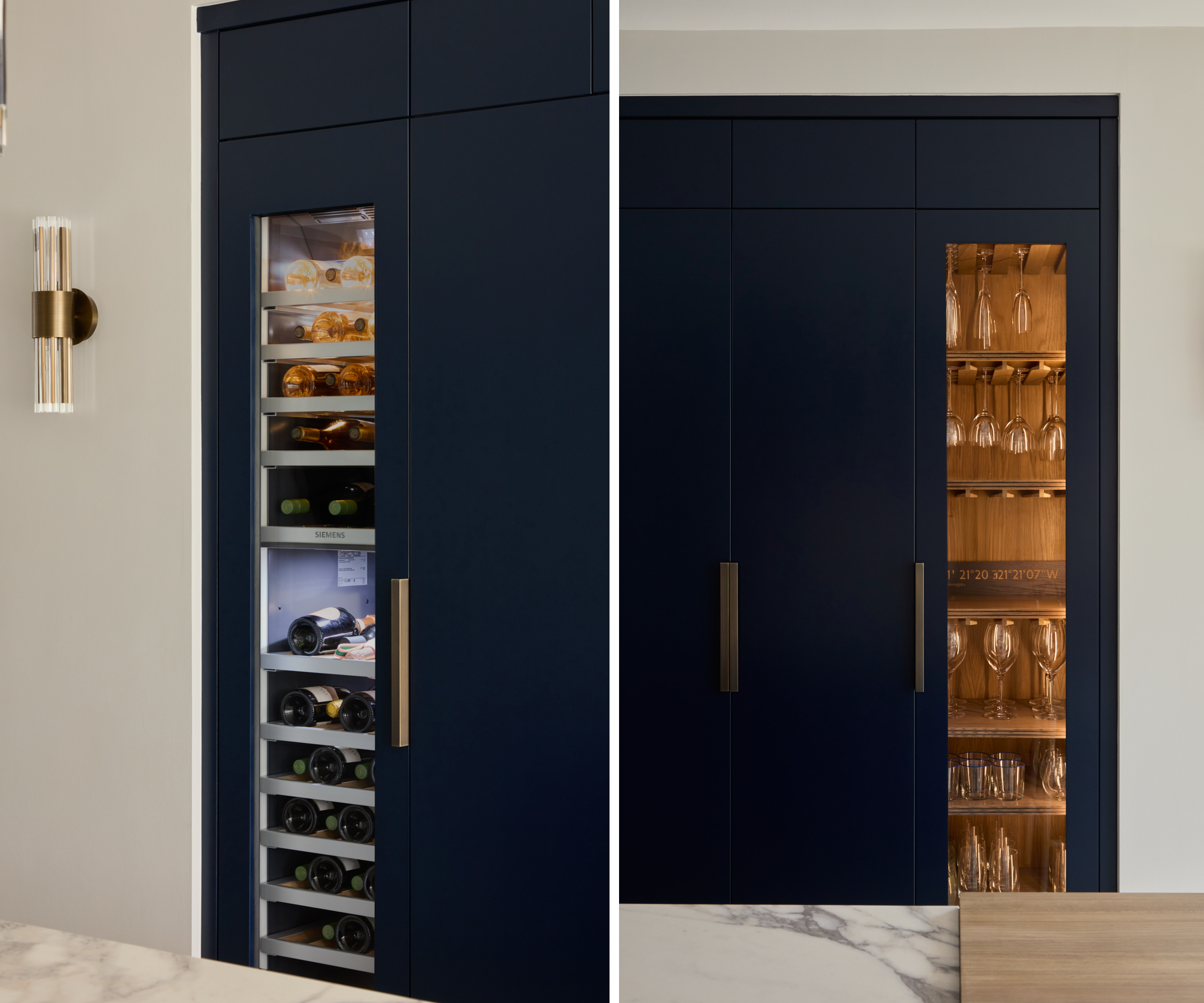 Navy kitchen with integrated wine fridge and glasses cabinet