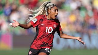 Ashley Lawrence of Canada reacts after fouling the opposition during Canada's opening FIFA Women's World Cup match.