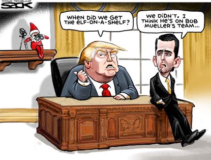 Political cartoon U.S. Christmas elf Trump Robert Mueller probe Russia