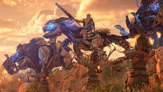 Horizon Forbidden West review; people ride mechanical beasts