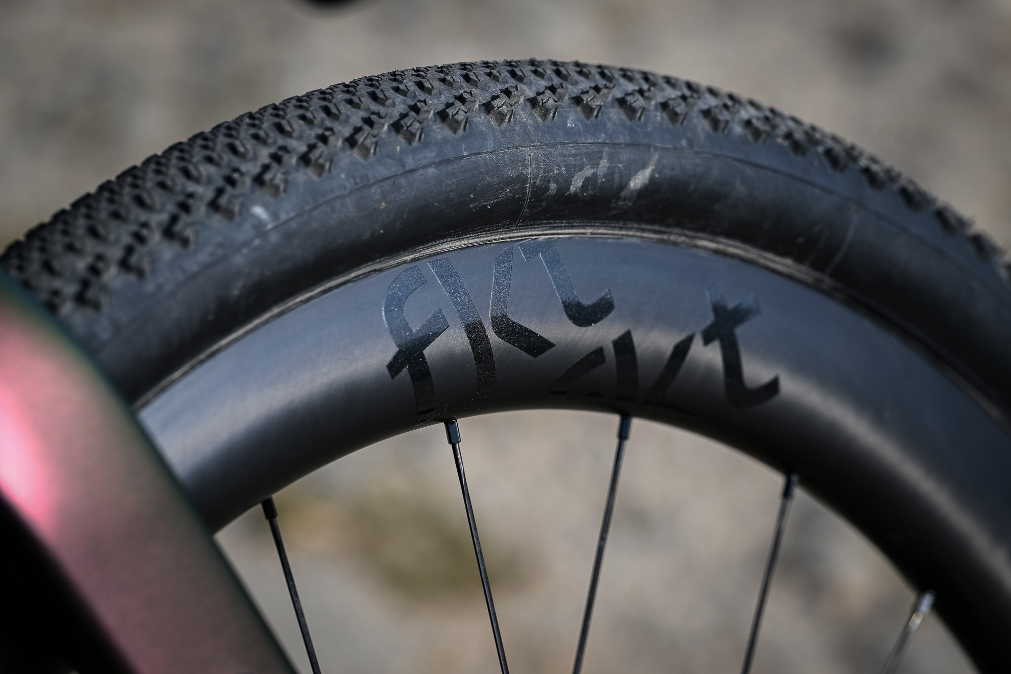 close up of the tyre and carbon rim on a gravel bike