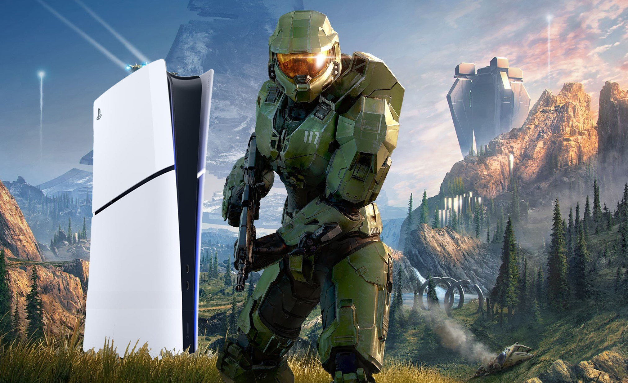 Master Chief from Halo with a PlayStation crudely photoshopped into the background