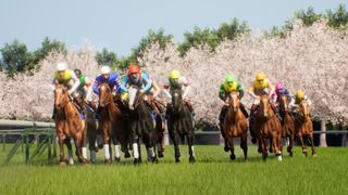 Horse jockeys race beneath cherry blossoms in Full Stride