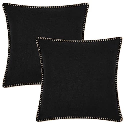 Decoruhome Decorative Outdoor Throw Pillow Covers 18x18 Set of 2, Square Linen Rustic Neutral Farmhouse Pillow Covers With Stitched Edge for Couch, Sofa, Living Room, Black