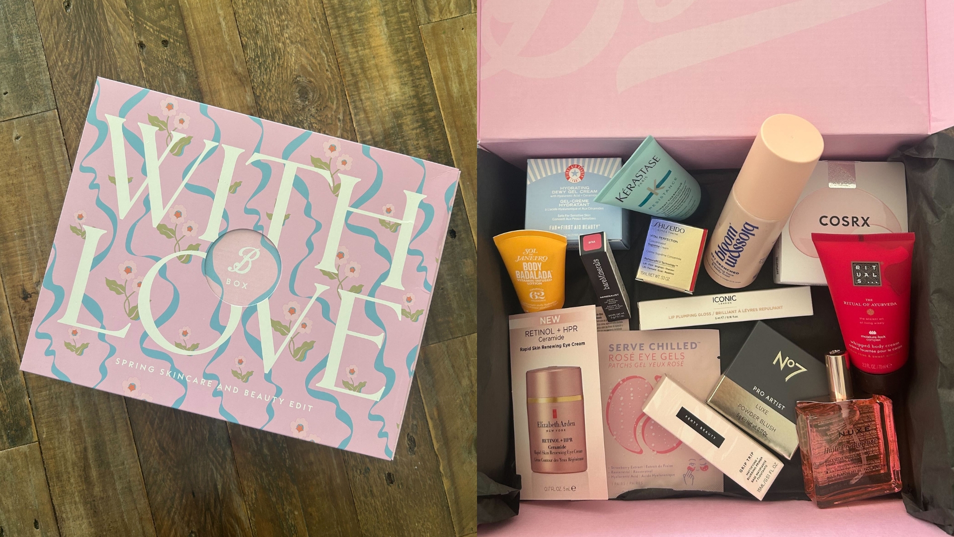 On the left, an image of the pink and blue Boots Easter Beauty Box closed, and on the left an image showing the contents of the Boots Easter Beauty Box