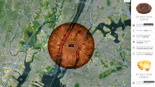 This image shows the effects of a 1600-foot asteroid hitting the Space.com offices in New York City, creating a 5.8-mile crater and a fireball nearly 9 miles across.