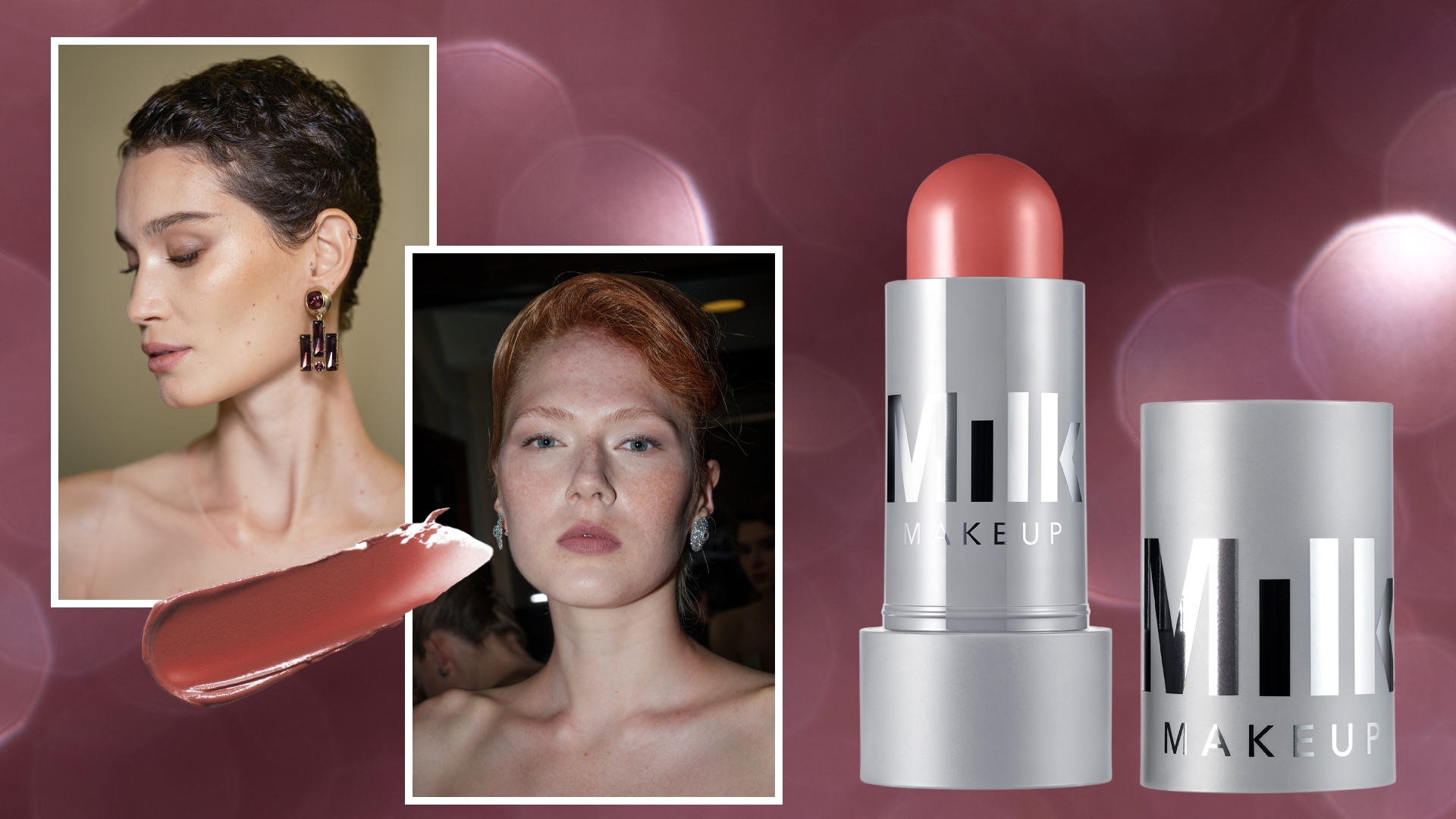 purple background with models wearing blush and the milk makeup cheek and lip cream blush stick