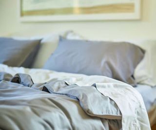 Light blue sheets and dark blue pillows on a bed.