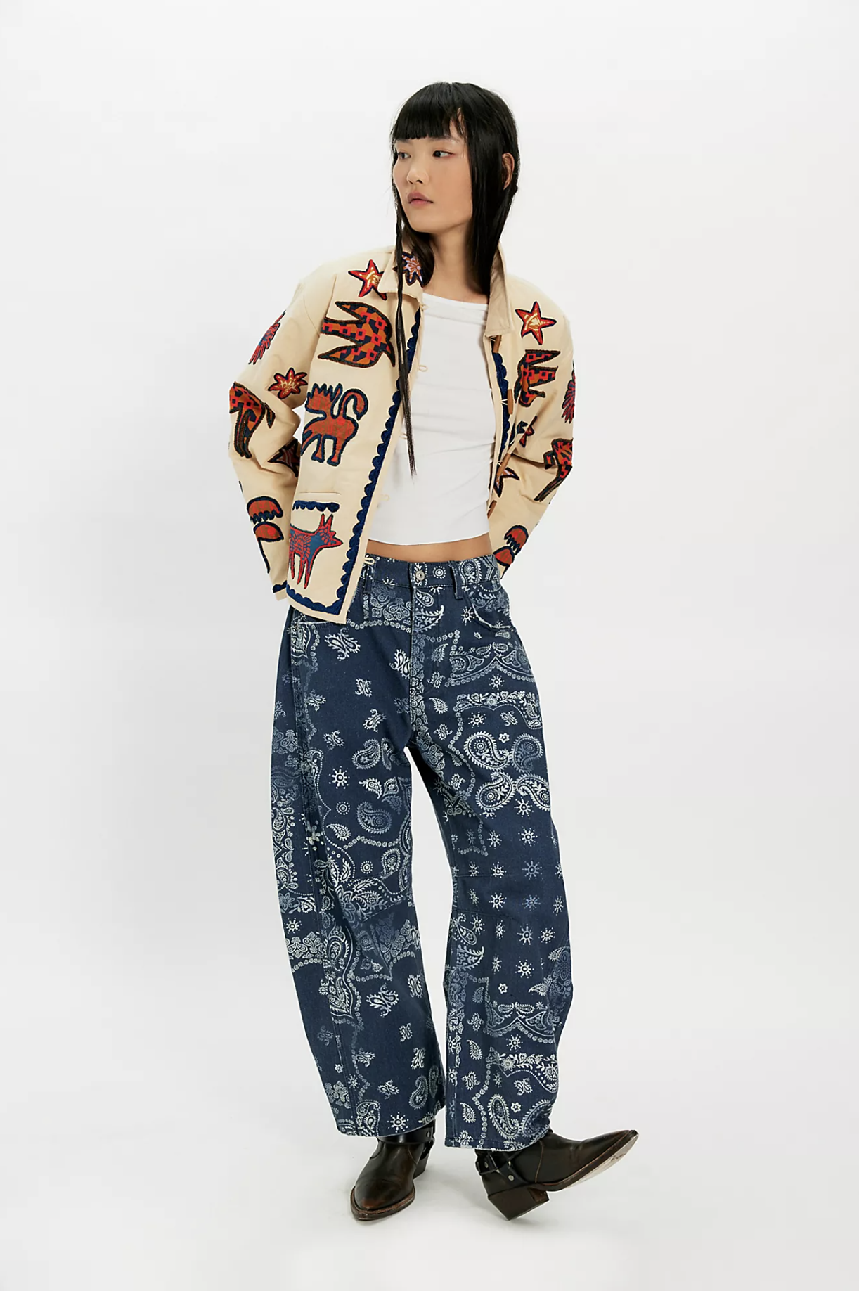 Free People, We the Free Good Luck Printed Barrel Jeans