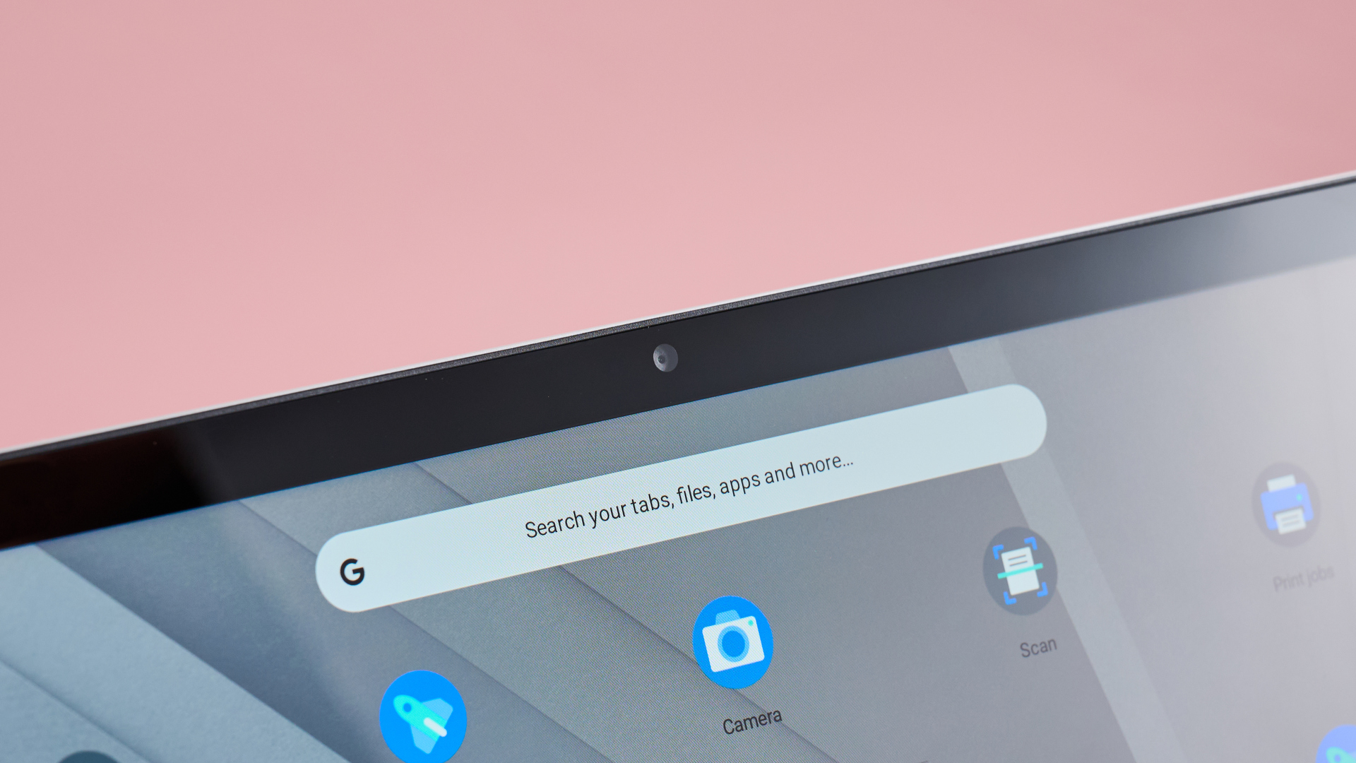 Close-up of webcam on Samsung Galaxy Chromebook 2 360 with pink background