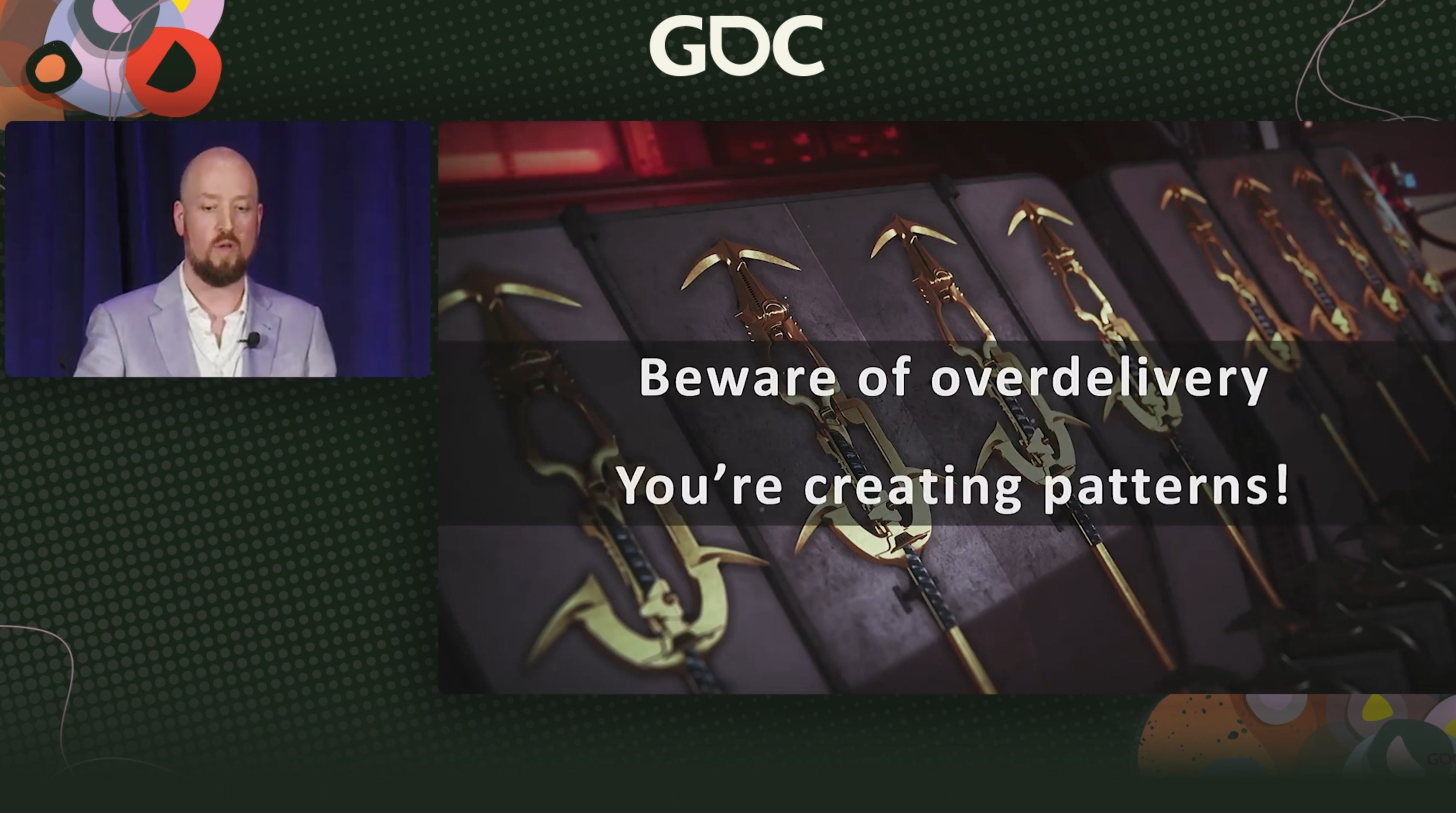 Justin Truman GDC 2023 talk: "Beware of overdelivery, you're creating patterns!"
