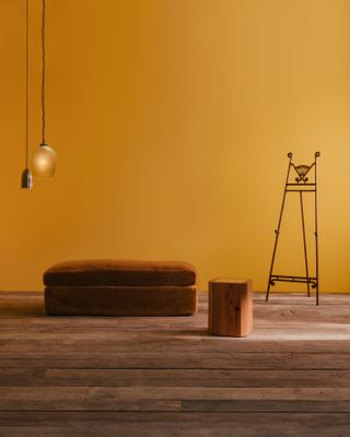 Shot of a bare living room with wooden floors and warm yellow-painted walls