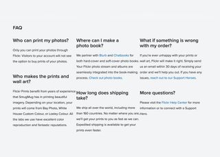 This screenshot from the Flickr website shows the FAQ section to answer common user queries 