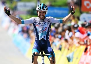 PLATEAU DU MONT-CENIS, FRANCE - JUNE 15: Lenny Martinez of France and Team Bahrain - Victorious celebrates at finish line as stage winner during the 77th Criterium du Dauphine 2025, Stage 8 a 133.3km stage from Val-d'Arc to Plateau du Mont-Cenis 2095m / #UCIWT / on June 15, 2025 in Plateau du Mont-Cenis, France.