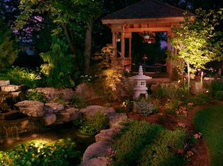 a garden with feature lighting on trees and pond