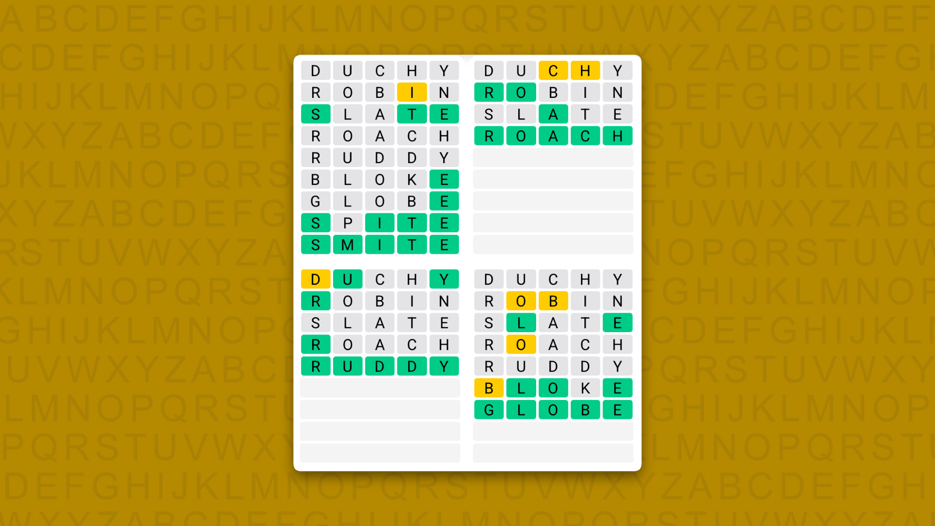 Quordle answers for game 1646 on a yellow background