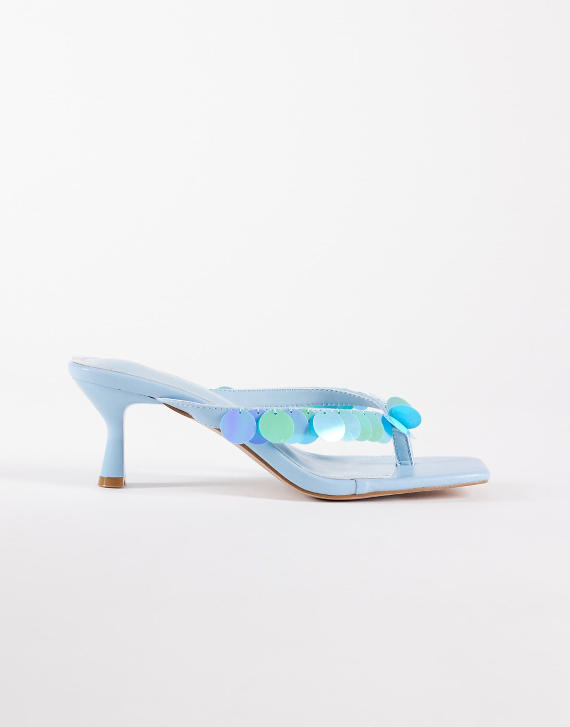 Simmi London Jenny Kitten Heel Toe Thong Sandals With Sequins in Blue