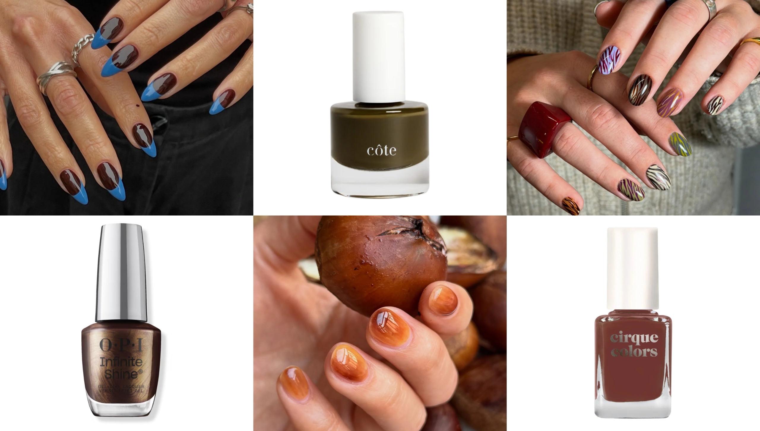 fall nail collage blue french tips burgundy nails zebra print chestnut jelly manicure brown and green nail polishes bronze chrome polish