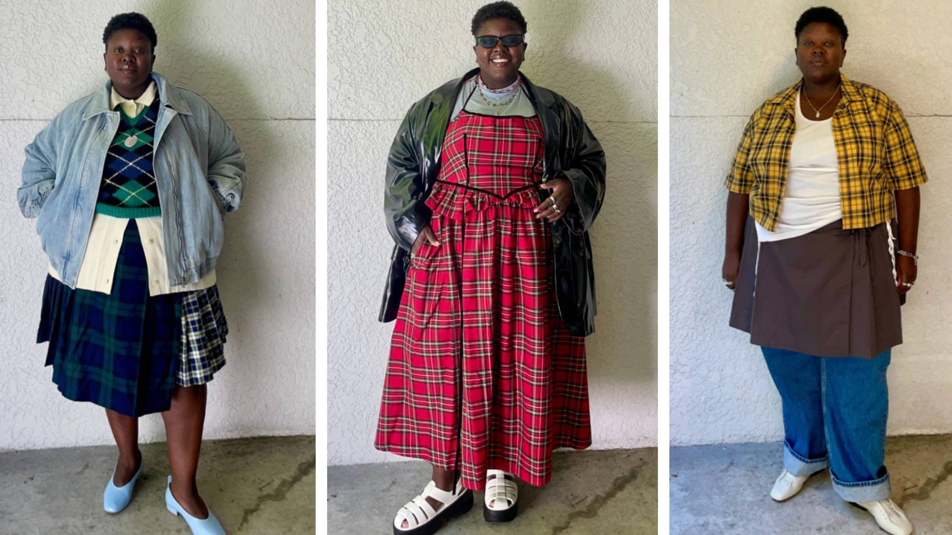 a collage of Lydia Okello wearing plaid for Marie Claire&#039;s style at large column