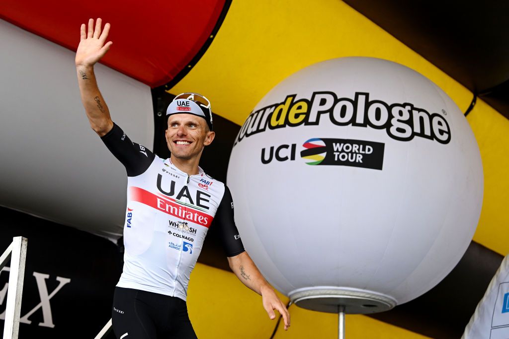 DUSZNIKIZDROJ POLAND JULY 31 Rafa Majka of Poland and UAE Team Emirates celebrates at podium as stage winner during the 80th Tour de Pologne 2023 Stage 3 a 1623km stage from Walbrzych to DusznikiZdroj 668m UCIWT on July 31 2023 in DusznikiZdroj Poland Photo by Dario BelingheriGetty Images