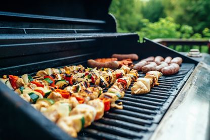 Grill with mixed foods on it