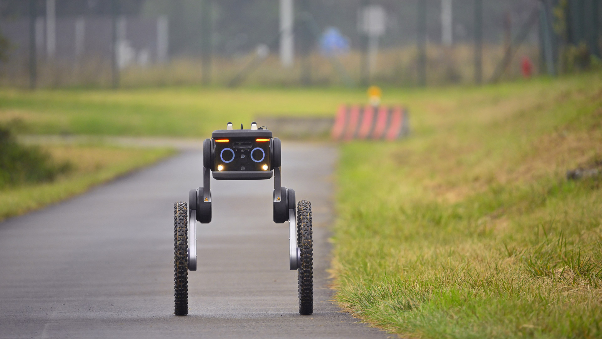 A photo shows an autonomous patrol robot during a press demonstration at Liege airport on September 30, 2025. (Photo by JOHN THYS / Belga / AFP) / Belgium OUT (Photo by JOHN THYS/Belga/AFP via Getty Images)