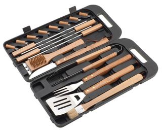 Bamboo BBQ set neatly packed in a carry case