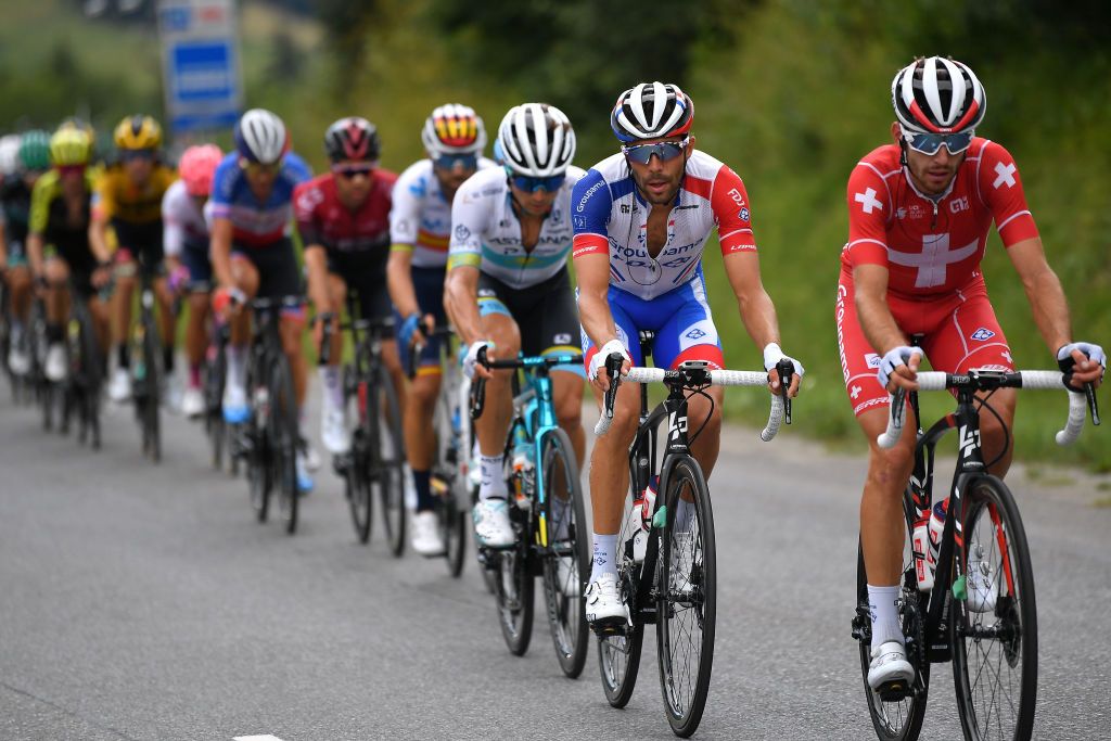 MEGEVE FRANCE AUGUST 16 Thibaut Pinot of France and Team Groupama FDJ Sebastien Reichenbach of Switzerland and Team Groupama FDJ Breakaway during the 72nd Criterium du Dauphine 2020 Stage 5 a 1535km stage from Megeve to Megeve 1458m dauphine Dauphin on August 16 2020 in Megeve France Photo by Justin SetterfieldGetty Images