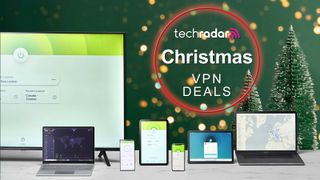 Christmas VPN deals next to a variety of devices running VPN apps.
