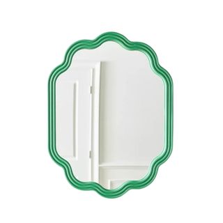 A dark green ribbed mirror with wavy edges and a reflection showing a white wall and door