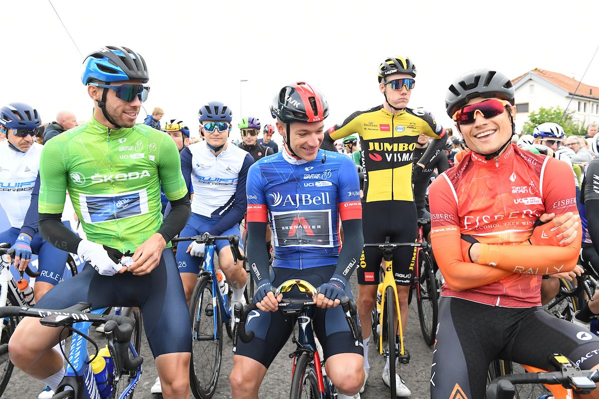 Picture by SWpix.com - 12/09/2021 - Cycling - AJ Bell Tour of Britain Stage 8 - Stonehaven to Aberdeen, Scotland - Canyon dhb SunGod's Jacob Scott with INEOS Grenadiers' Ethan Hayter &amp; Rally Cycling's Robin Carpenter.