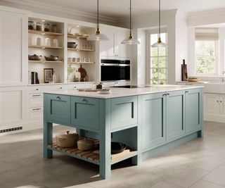 pale blue kitchen island in white kitchen