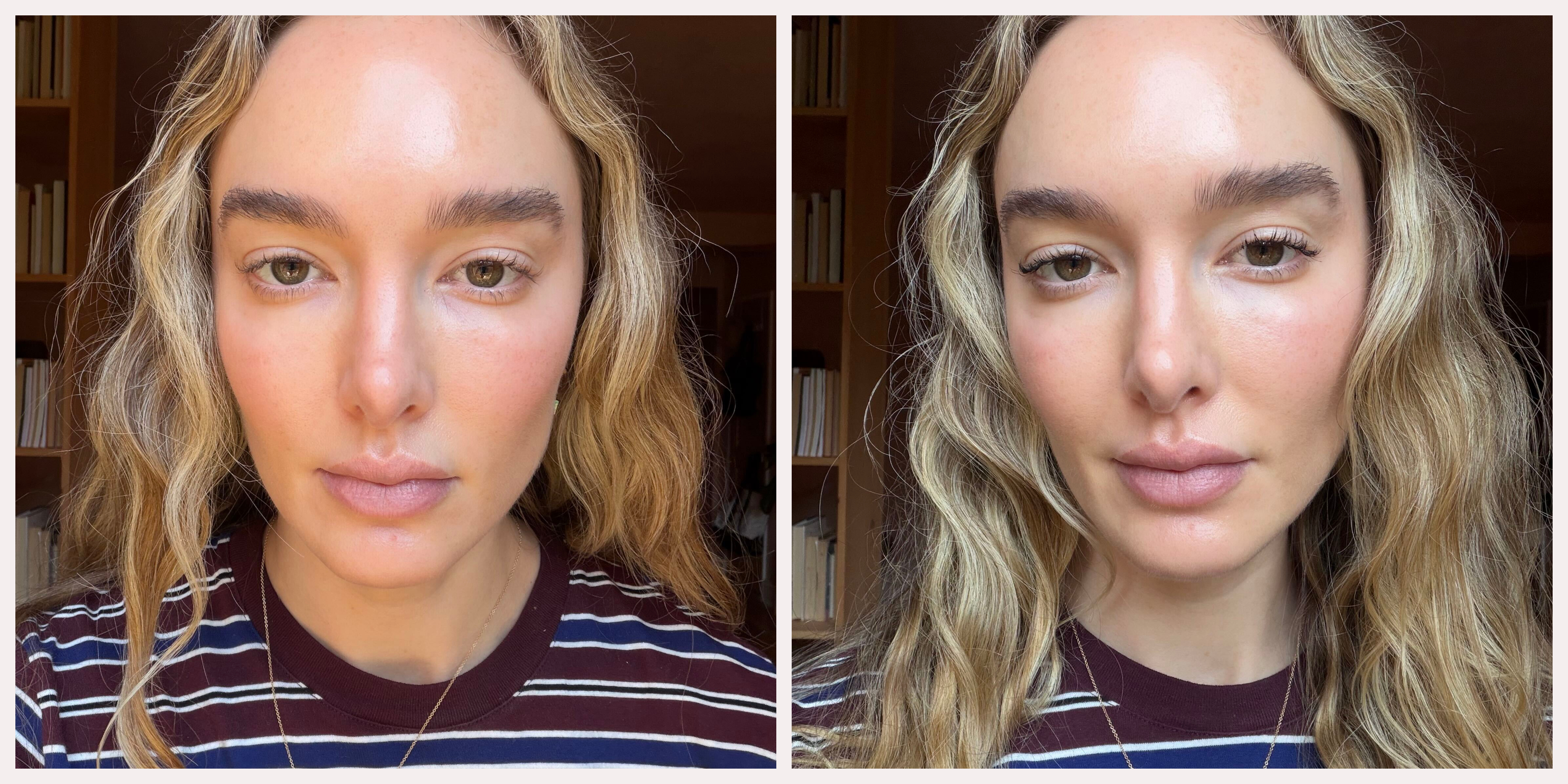 Side-by-side close-up photos showing lashes before and after mascara application, with visibly longer, darker, and more defined lashes in the after image