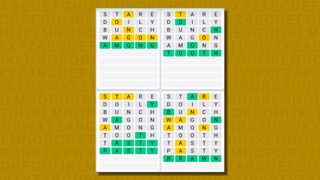 Quordle daily sequence answers for game 639 on a yellow background