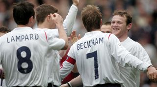 David Beckham, Frank Lampard, Steven Gerrard and Wayne Rooney celebrate an England goal against Northern Ireland in March 2005.