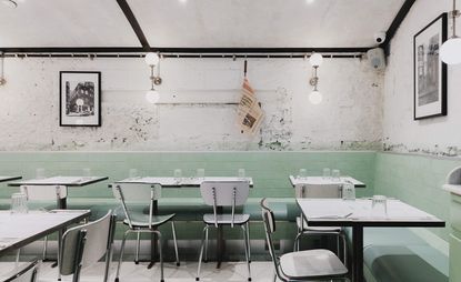 Dining space at Lina Stores restaurant, London, UK