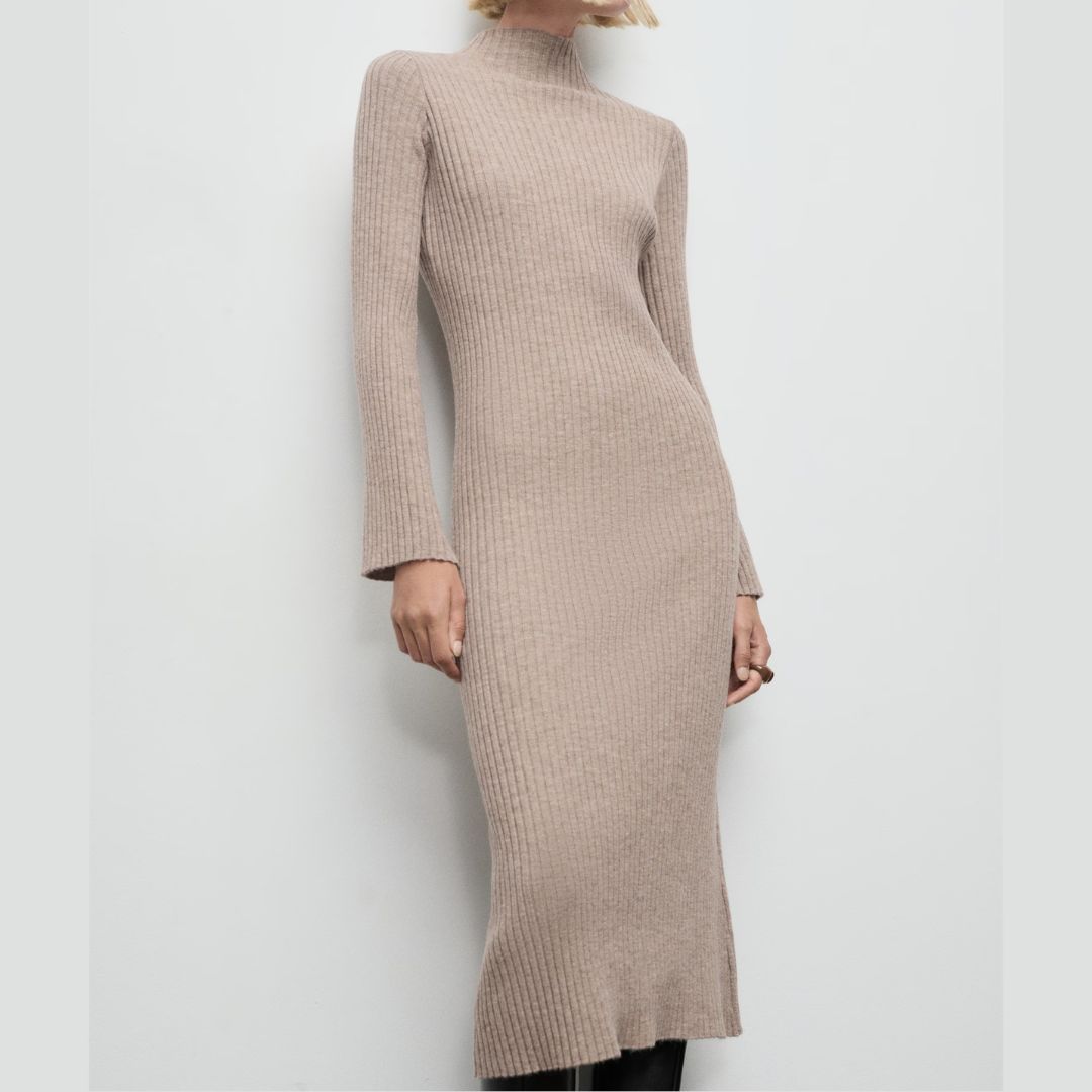 Mango Perkins-Neck Ribbed Dress
